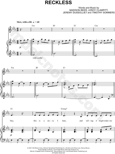 Madison Beer Reckless Sheet Music In Eb Major Transposable