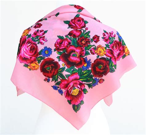 pink folk scarf ukranian head scarf babushka floral scarf etsy