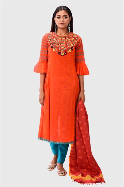 Orange Cotton Printed And Embroidered Salwar Kameez Kay Kraft