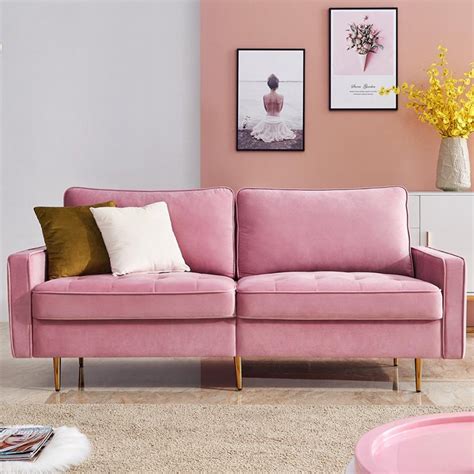Pink Fabric Sofa Mid Century Modern Loveseat Sofa For Small Spaces