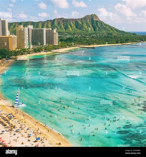 Hawaii Waikiki Beach In Honolulu City Aerial View Of Diamond Head Famous Landmark Travel