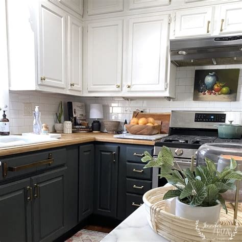 Green And White Kitchen Cabinets With Dark Green Bottom Cabinets