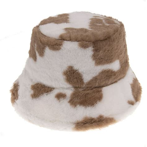 Coutexyi Unisex Cow Print Fisherman Cap Cony Hair Bucket Hat Fluffy
