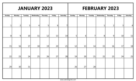 January February 2023 Calendar Printable Template Two Month Calendar