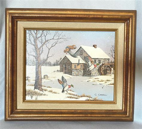 Vintage C Carson Oil Painting On Canvas Ducks Winter Landscape 15x13