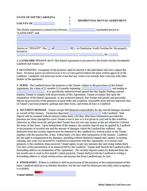 south carolina standard residential lease agreement template