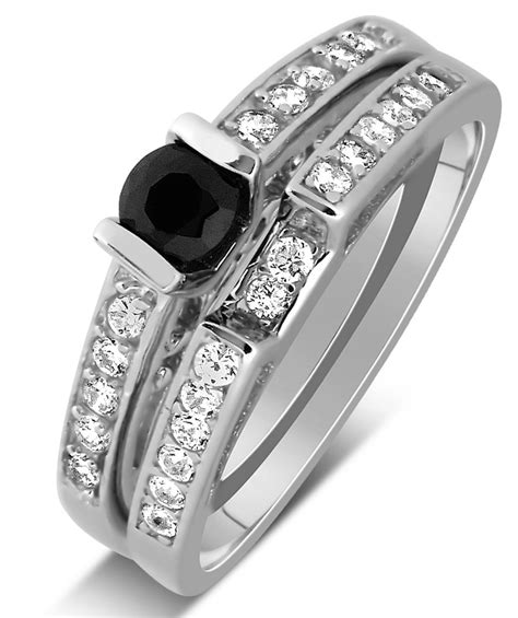 1 Carat Unique Black And White Round Diamond Wedding Ring Set In White