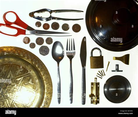 Display Of Various Objects Made From Metal Alloys Stock Photo Alamy