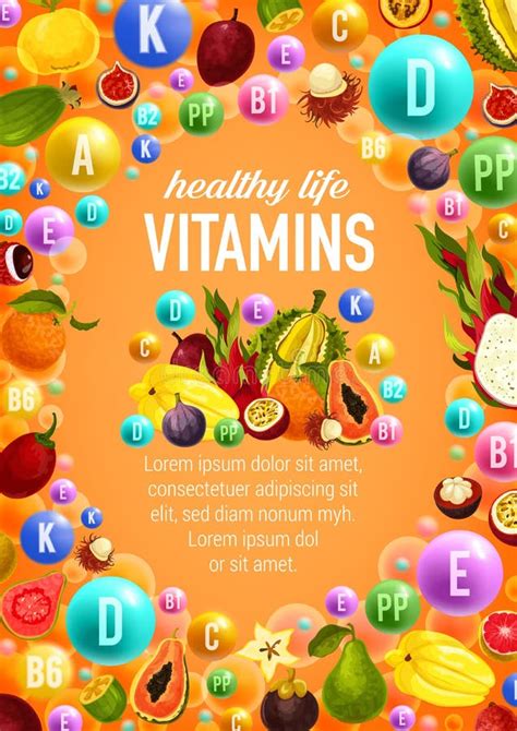 Vitamins And Minerals Poster With Fruits Vector Stock Vector