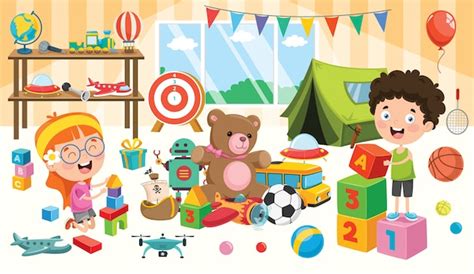 Premium Vector Happy Children Playing With Toys