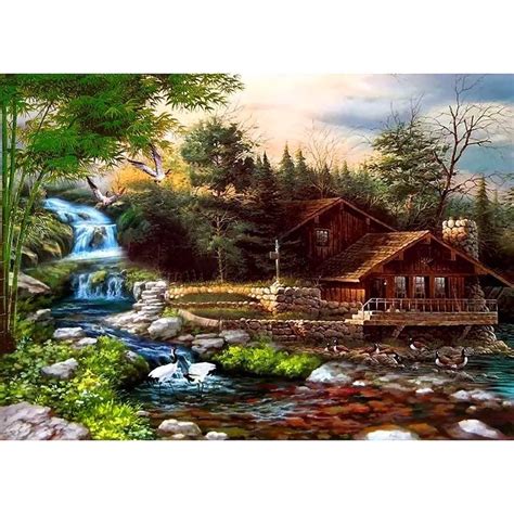 Waterfall House 5d Diy Paint By Diamond Kit Cross Paintings