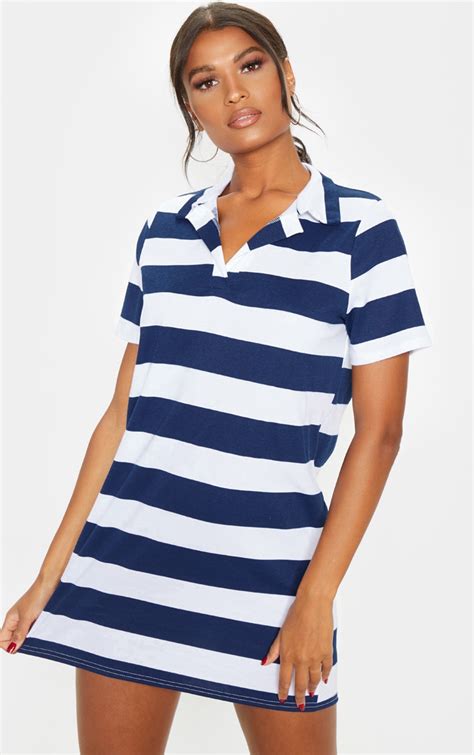 Navy Stripe Collar Polo T Shirt Dress Prettylittlething