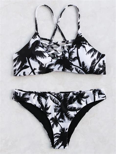 Black And White Printed Criss Cross Bikini Setfor Women Romwe