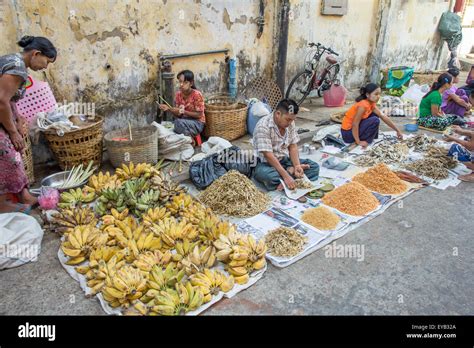 Stalls Selling Fruit Dried Fish Street Market In Yangon Rangoon
