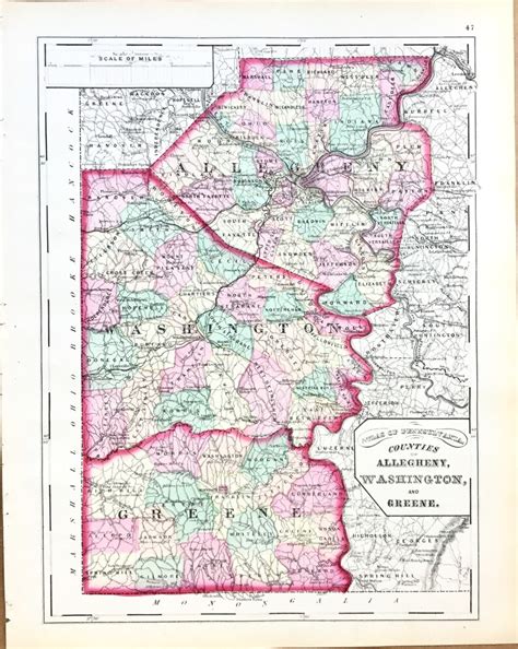 Allegheny County Map Original 1872 State Of Pennsylvania Etsy