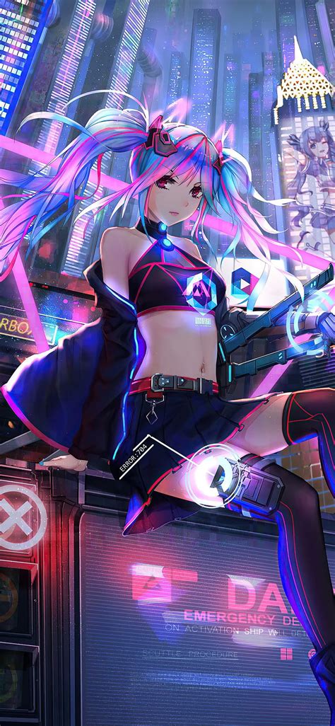 1125x2436 anime cyber girl neon city iphone xs iphone 10 iphone x backgrounds and anime girl