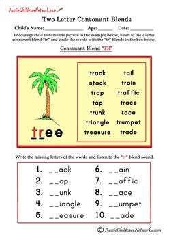 Printable worksheets for teaching students to read and write basic words that begin with the letters br, cr, dr, fr, gr, pr, and tr. Two Letter Blends - Aussie Childcare Network