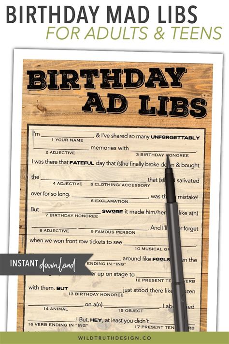 Birthday Mad Libs Printable Teen Adult Birthday Game Etsy