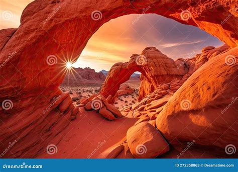 Natural Arch With Red Rock Formations At Sunset In Desert Stock