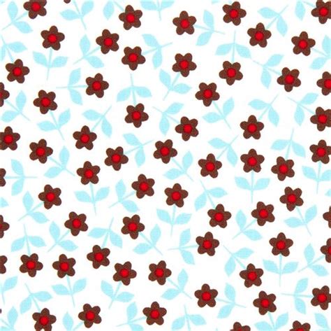White Robert Kaufman Organic Fabric With Brown Blue Flowers Fabric By