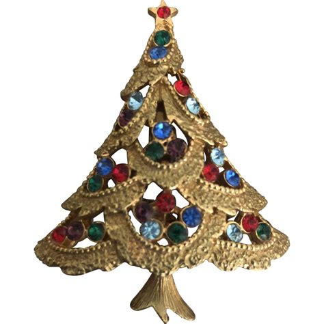 Vintage Signed Jj Rhinestone Christmas Tree Brooch Pin Christmas