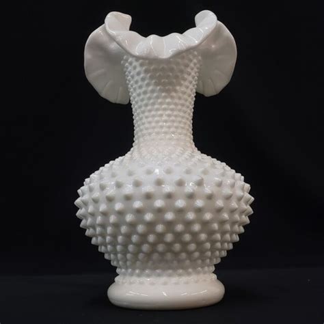 Fenton Hobnail Milk Glass Vase White Opaque Crimped Ruffled Rim Vintage