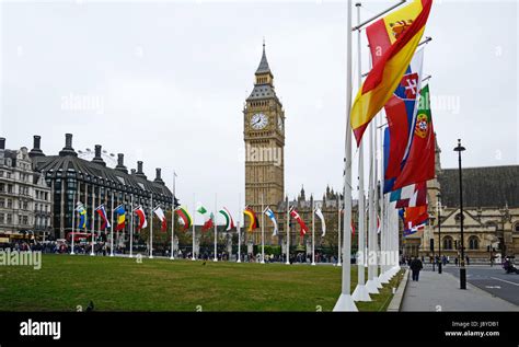 Flags Big Ben Parliament Square London England Stock Photo Alamy