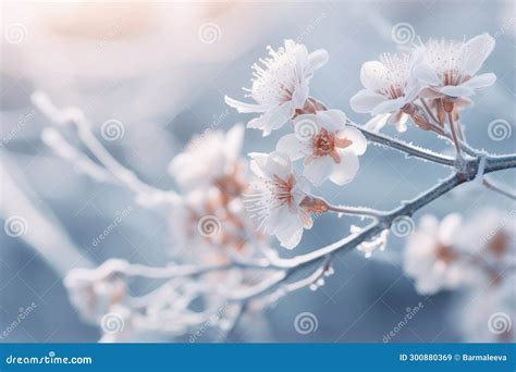 Tree Branch With Blossoms On A Snowy Day A Winter Blossom With