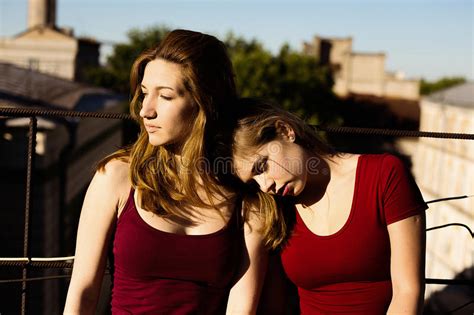Portrait Of Two Girlfriends On The Roof Stock Image Image Of Performer Portrait 95112945