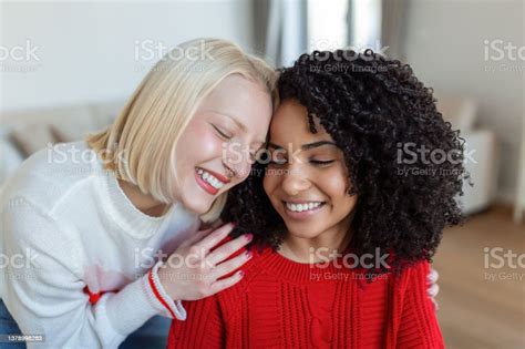 Female Couple Love Moments Happiness Concept Two Friends Cuddling And