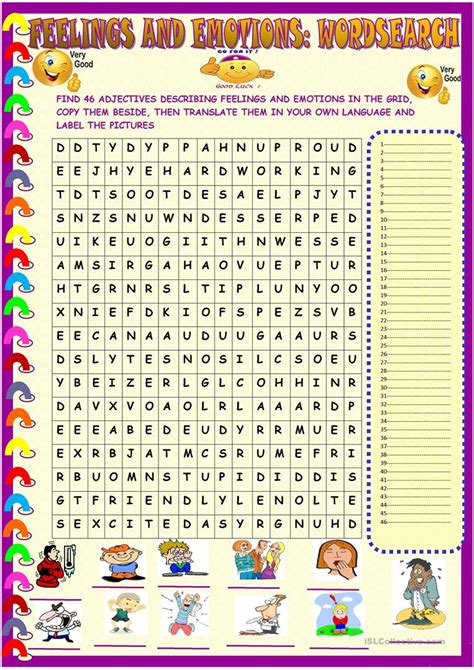 Feelings And Emotions Wordsearch With Key English Esl