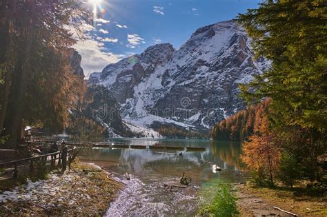 The Beautiful Braies Lake In Late Autumn With A Little Snow Pearl Of