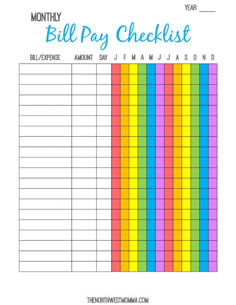 Multicolor Monthly Bill Payment Checklist Template Download Printable