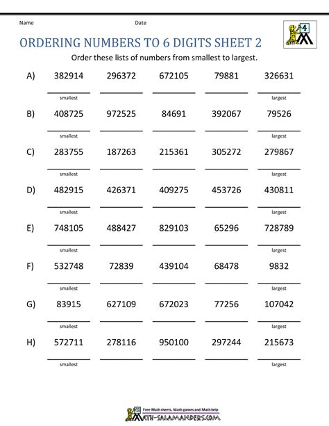 Comparing And Ordering Whole Numbers Worksheets 4th Grade Pdf