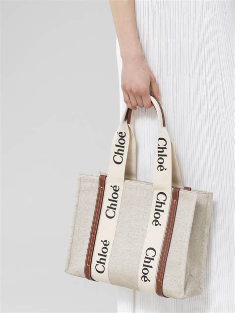 Medium Woody Tote Bag In Cotton Canvas And Shiny Calfskin With Woody