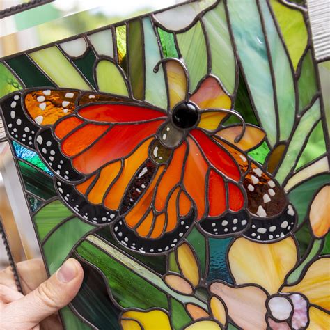 Stained Glass Monarch Butterfly With Orchids Panel For Window