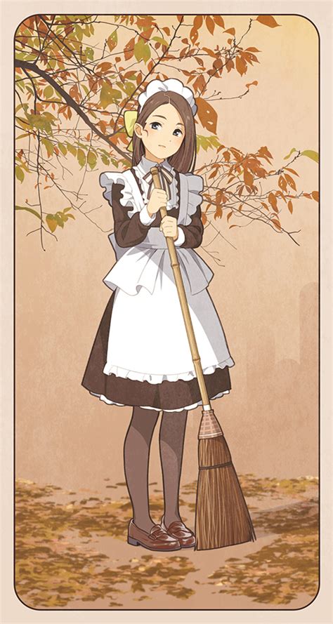 Suzushiro Suzushiro333 Original Commentary 1girl Apron Autumn Autumn Leaves Bow Broom