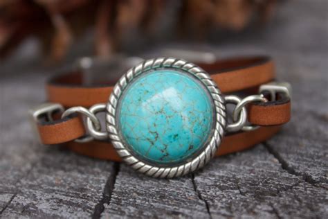 Turquoise Stone Bracelet Leather Cuff For Women Turquoise