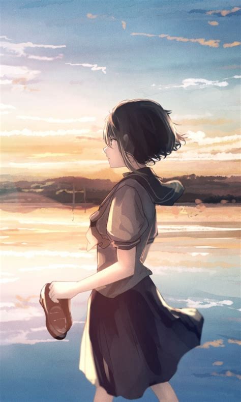 Download 480x800 Wallpaper Lake Sunset Cute Anime Girl
