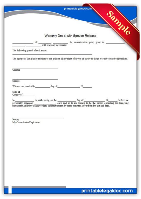 printable warranty deed  spouse release form generic