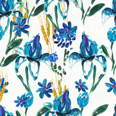 Vector Seamless Pattern With Blue Watercolor Flowers Stock Vector