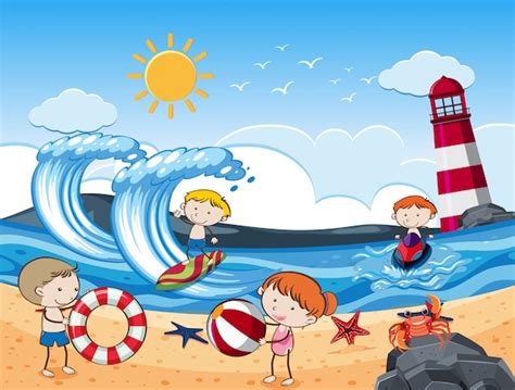 Premium Vector Kids With Beach Activities In Sunny Day