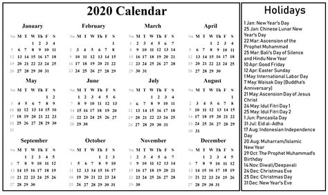 2020 Printable Calendar Template With Holidays Holiday Calendar