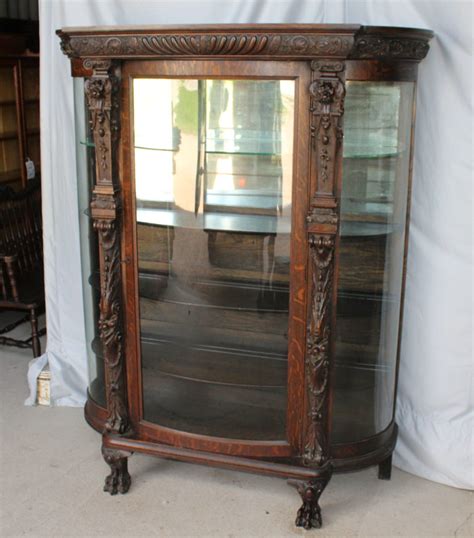 Bargain John S Antiques Antique Carved Oak Curved Glass China Cabinet Original Finish
