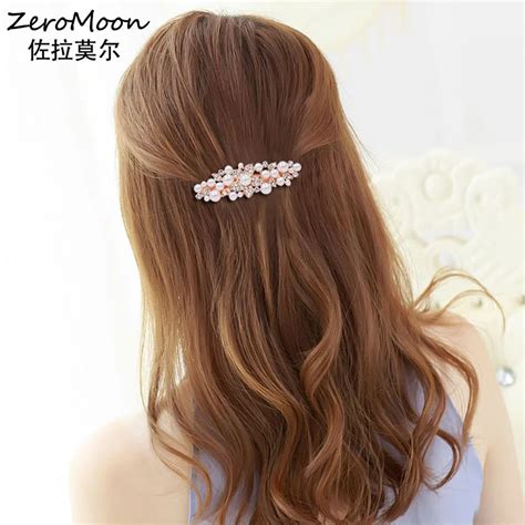 Classic Women Pearls Barrettes Crystal Rhinestone Leaves Metal Flower