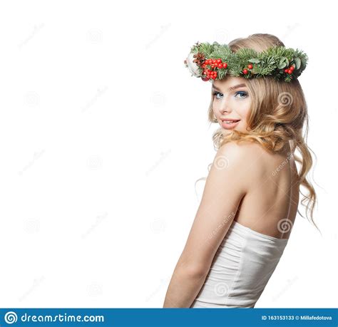 Beautiful Woman In Christmas Garland Posing Isolated On White Stock