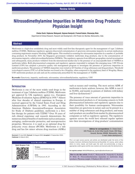 PDF Nitrosodimethylamine Impurities In Metformin Drug Products