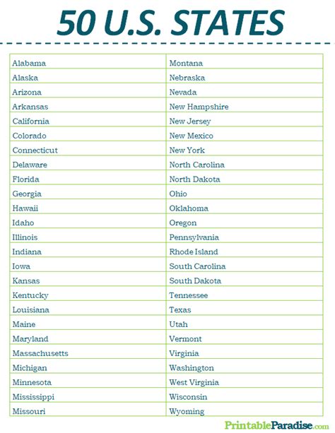 Printable List Of 50 Us States