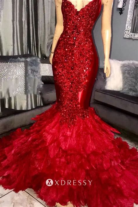 Luxury Diamond Beaded Feather Mermaid Prom Dress Xdressy