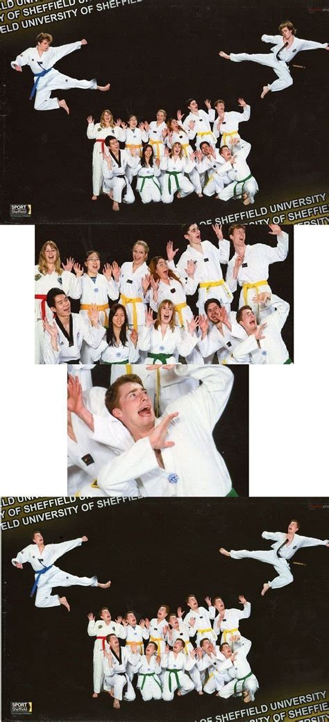 Multiple Pictures Of People In White Suits And Yellow Ties Posing For